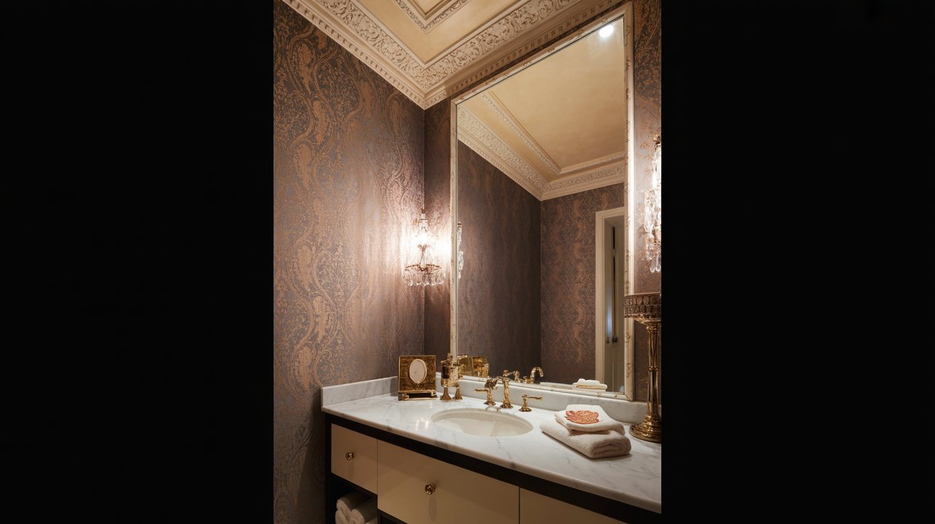 A bathroom featuring a stylish vanity with a large mirror above it, reflecting the modern decor and lighting.