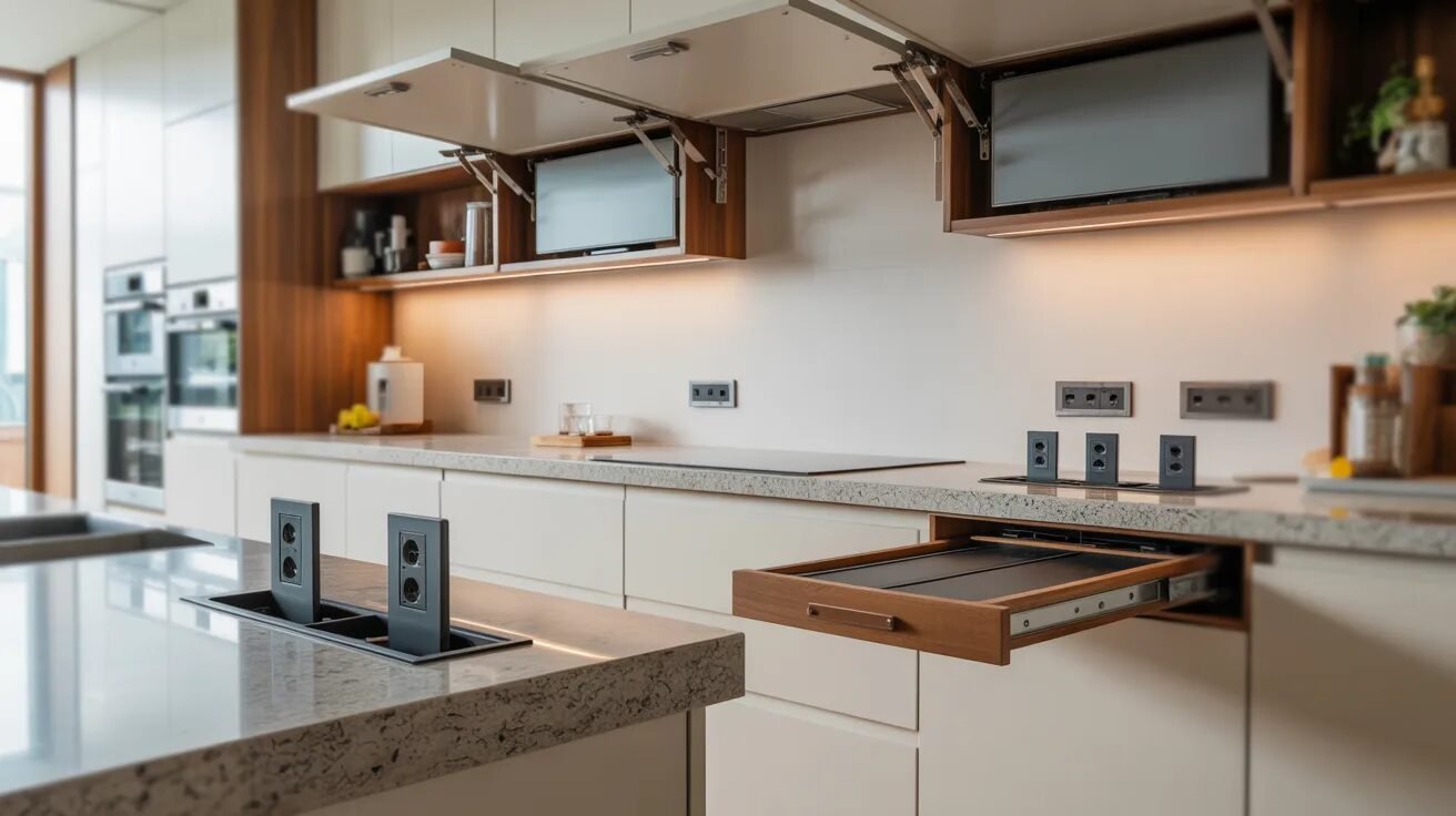 A sleek modern kitchen featuring a sink and countertop with contemporary design elements.