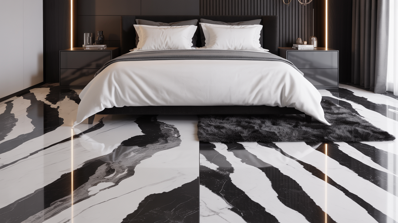 A stylish bedroom with striking black and white stripes on the walls, complemented by modern decor.
