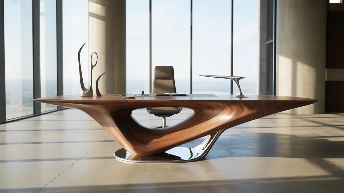 A modern office desk featuring a sleek, curved wooden top, designed for a contemporary workspace.