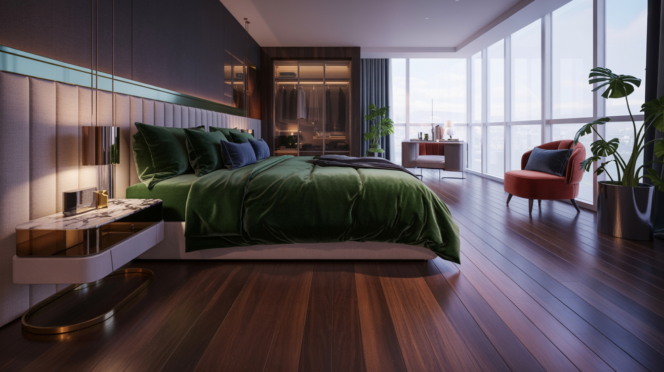  A modern bedroom showcasing a green bed and a rich wooden floor, blending comfort with contemporary design elements.