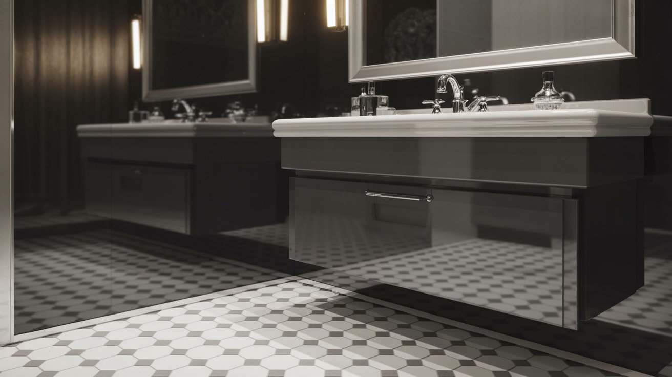 A black and white bathroom featuring a classic checkered floor design.
