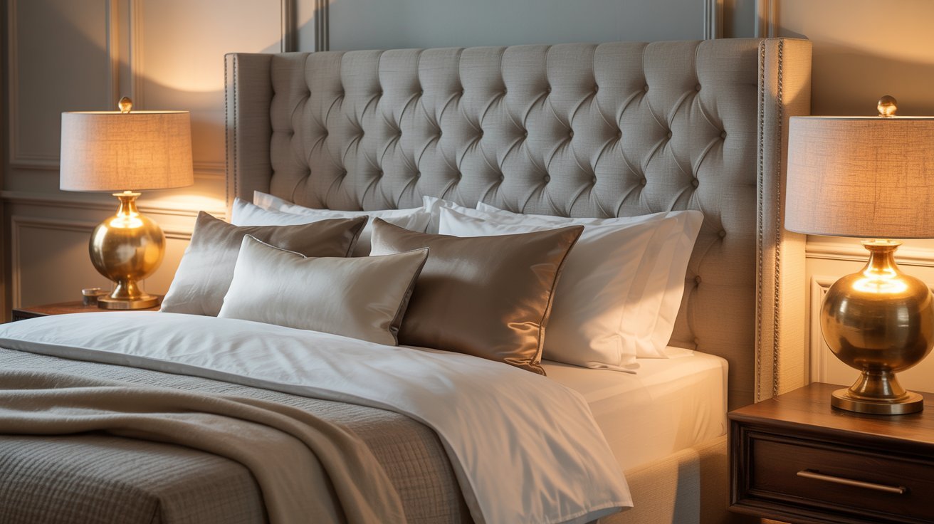 . A cozy bed with a tufted headboard flanked by two stylish lamps on either side.