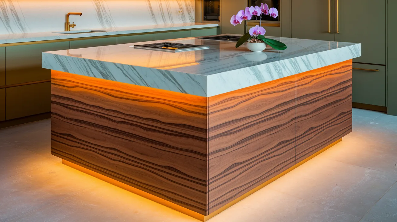 A modern kitchen featuring a sleek marble island illuminated by stylish overhead lights.