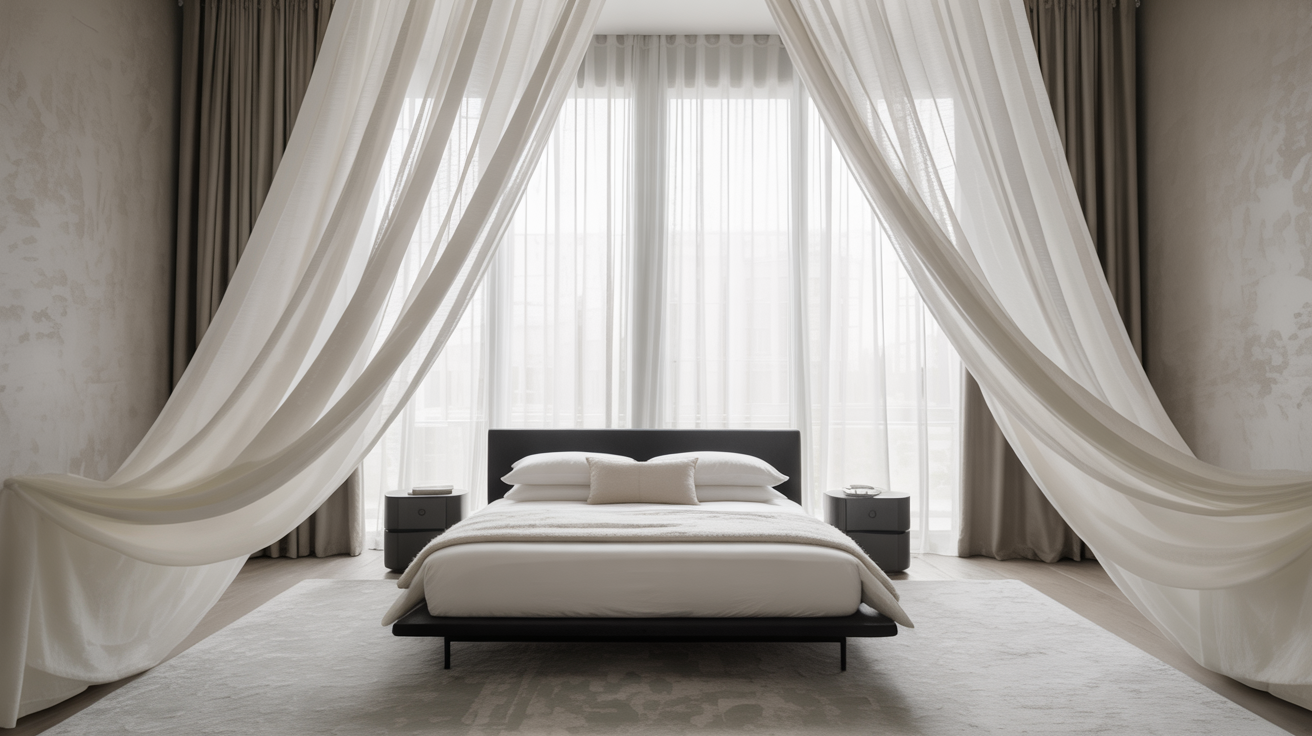 A cozy bedroom featuring a neatly made bed and elegant curtains framing the window.