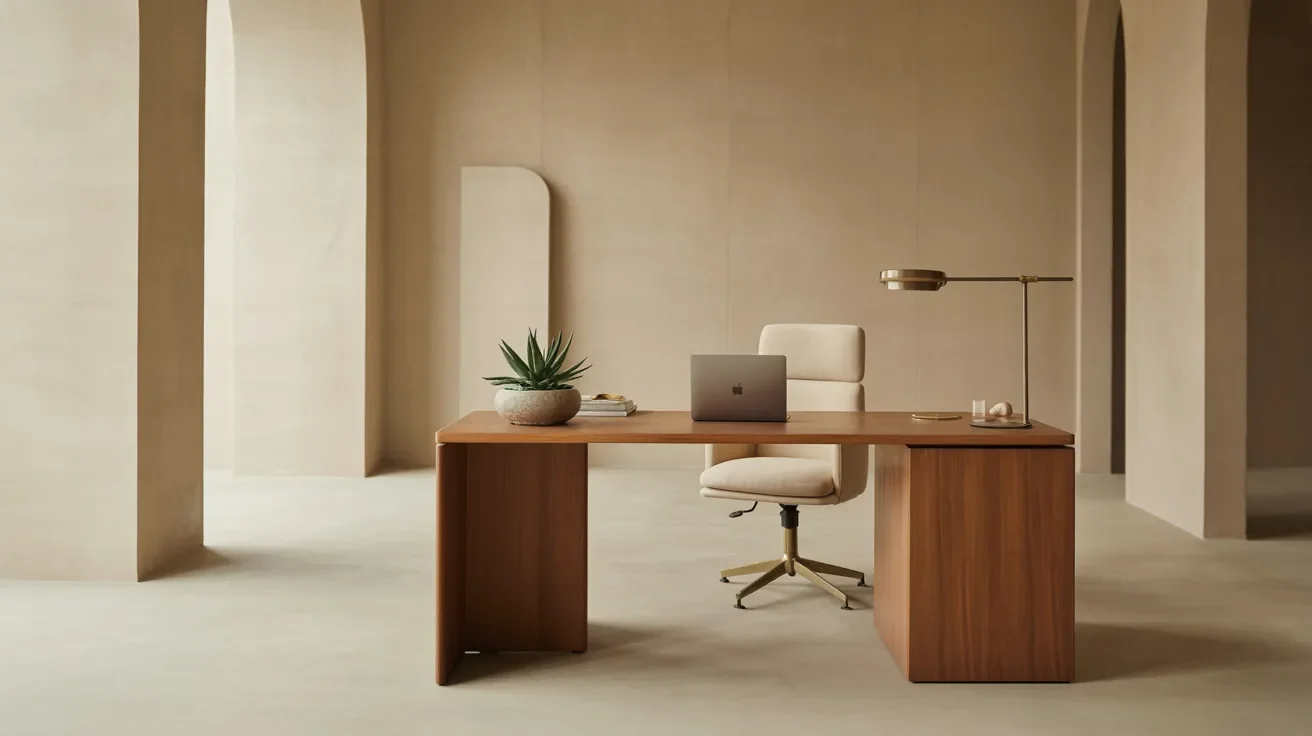 A desk featuring a laptop and a small green plant beside it, creating a tidy workspace.