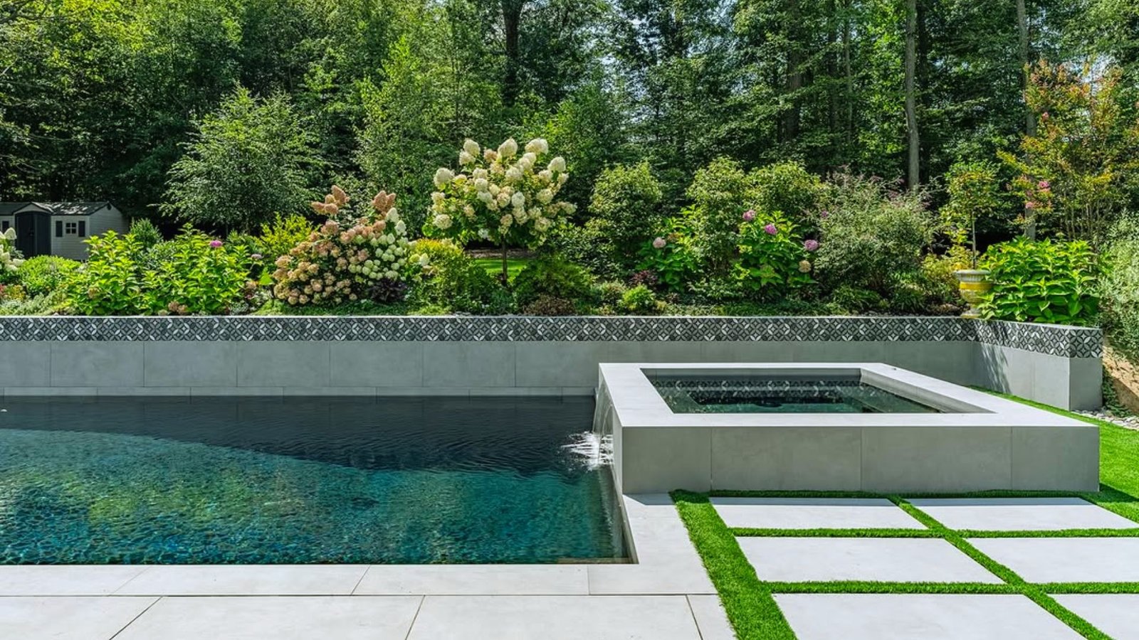 A backyard landscape showcasing a pool bordered by well-maintained grass.