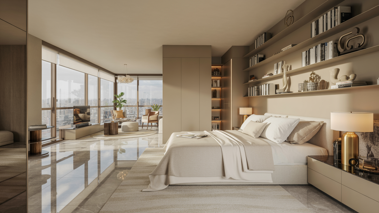  A contemporary bedroom with a spacious window showcasing a vibrant cityscape.
