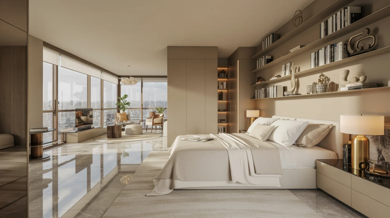 A contemporary bedroom with a spacious window showcasing a vibrant cityscape.
