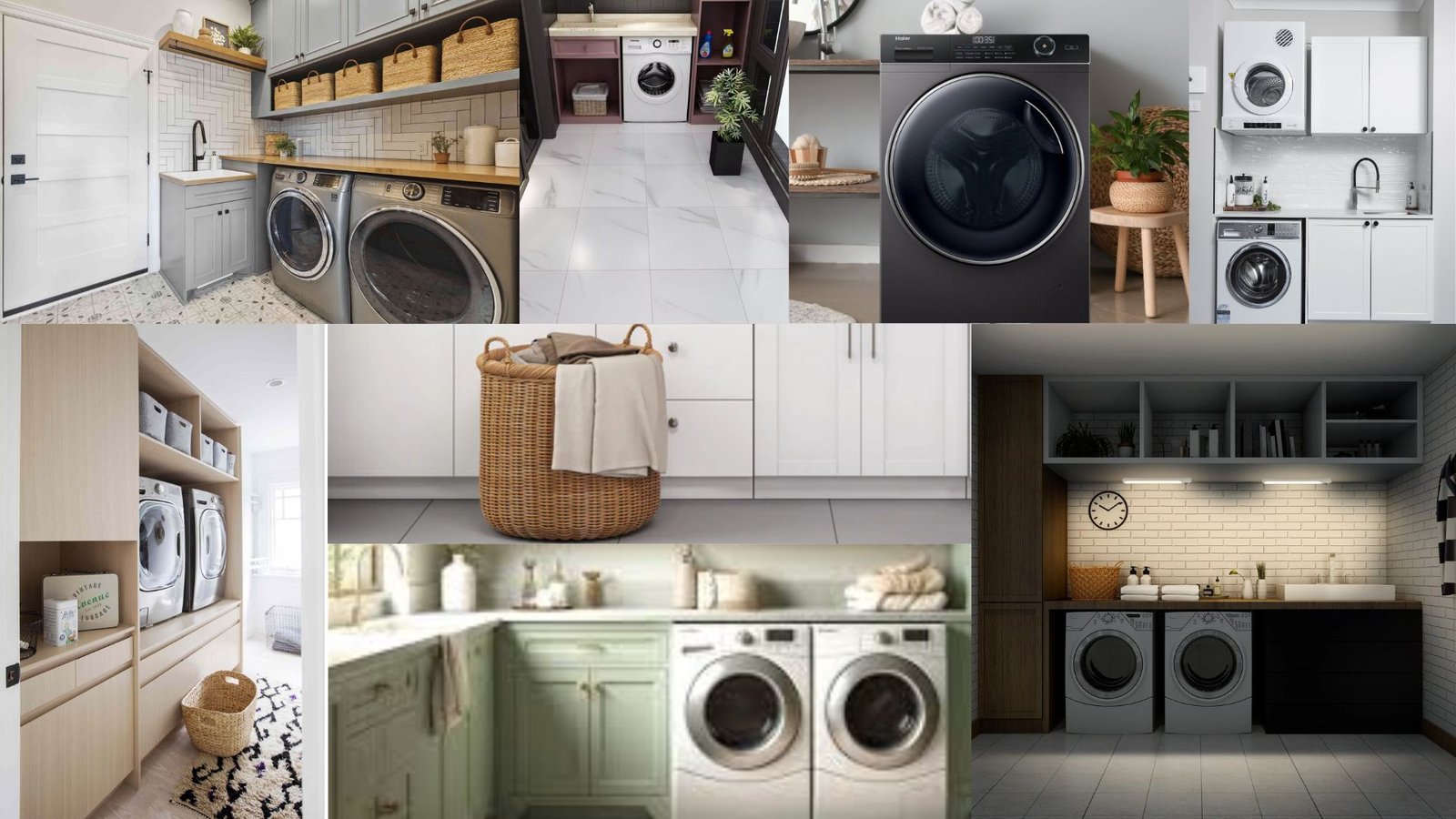 A collection of diverse laundry room designs, highlighting unique styles, organization, and color schemes.