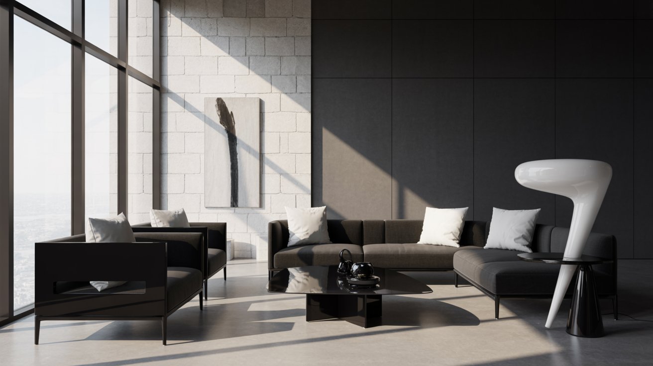 A modern living room featuring sleek black furniture and contemporary decor elements.