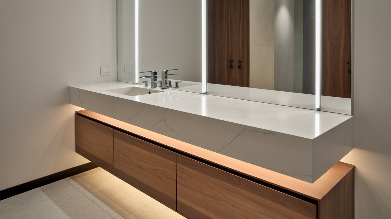 A sleek modern bathroom featuring a stylish vanity and a large mirror reflecting the contemporary design.