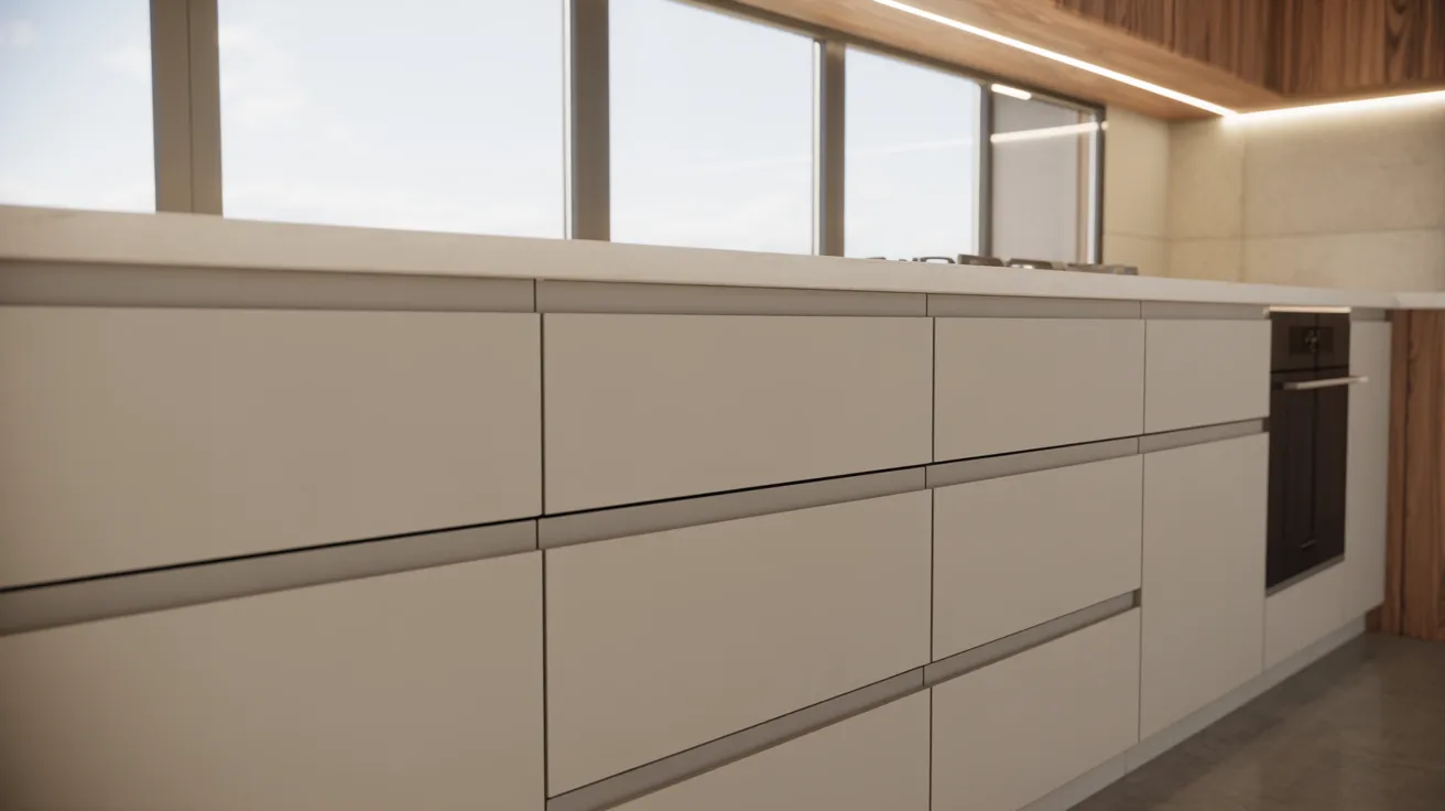 A modern kitchen featuring white cabinets and warm wooden countertops, creating a bright and inviting atmosphere.