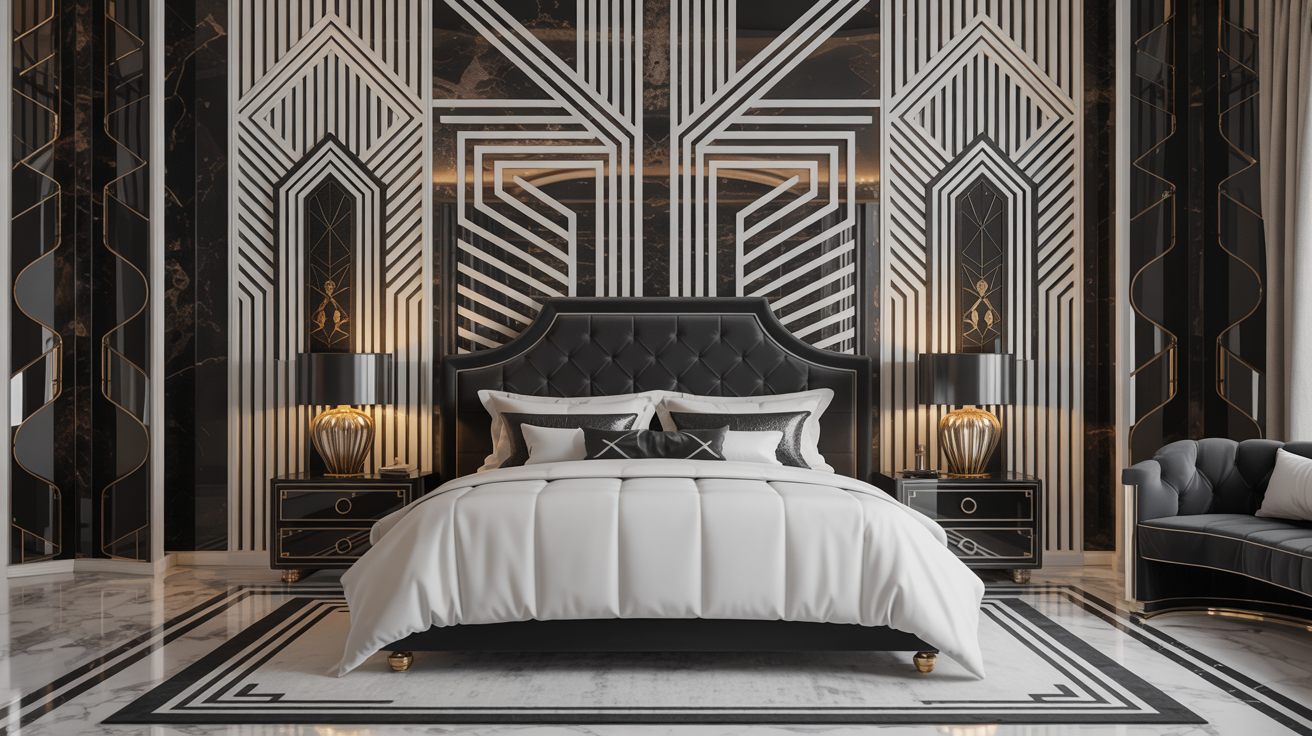 A stylish bedroom featuring black and white decor, with a neatly made bed as the focal point.