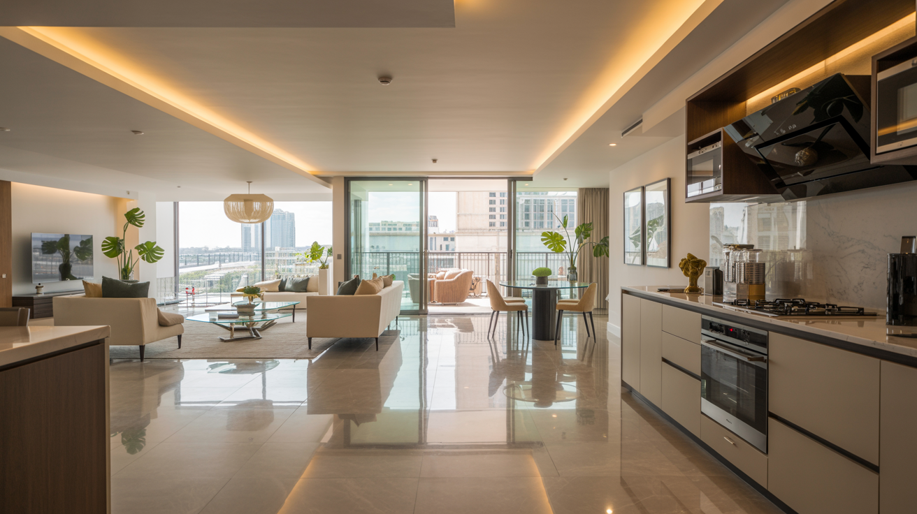 Stylish kitchen and living room area with a vibrant cityscape visible through large glass windows.