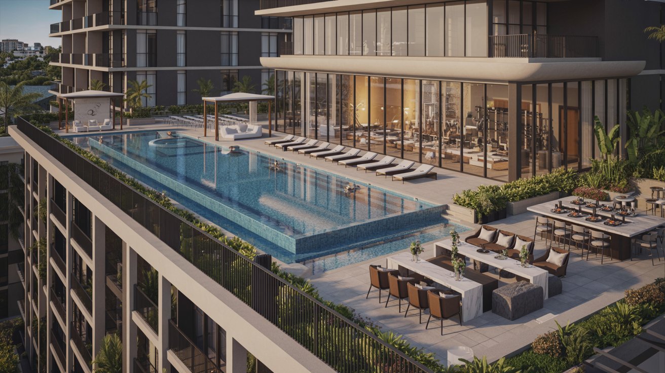 The pool area at the new apartment building features lounge chairs, umbrellas, and a clear blue pool surrounded by greenery.