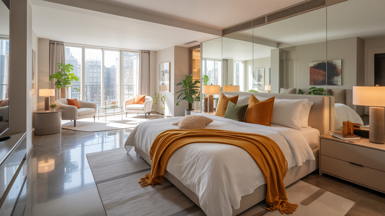 A spacious bedroom featuring a large bed and an expansive mirror reflecting the room's decor.
