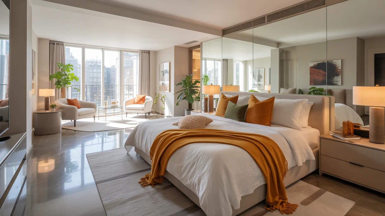 A spacious bedroom featuring a large bed and an expansive mirror reflecting the room's decor.