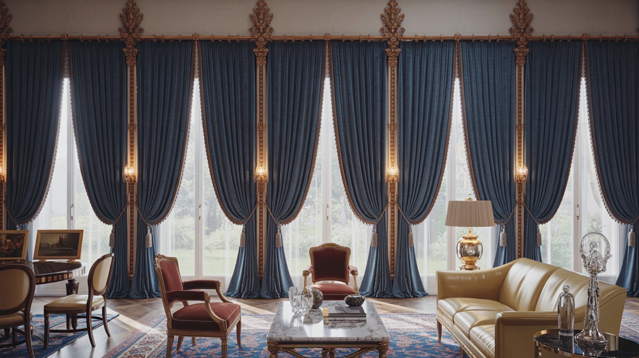 A living room featuring blue curtains and elegant gold furniture, creating a stylish and inviting atmosphere.