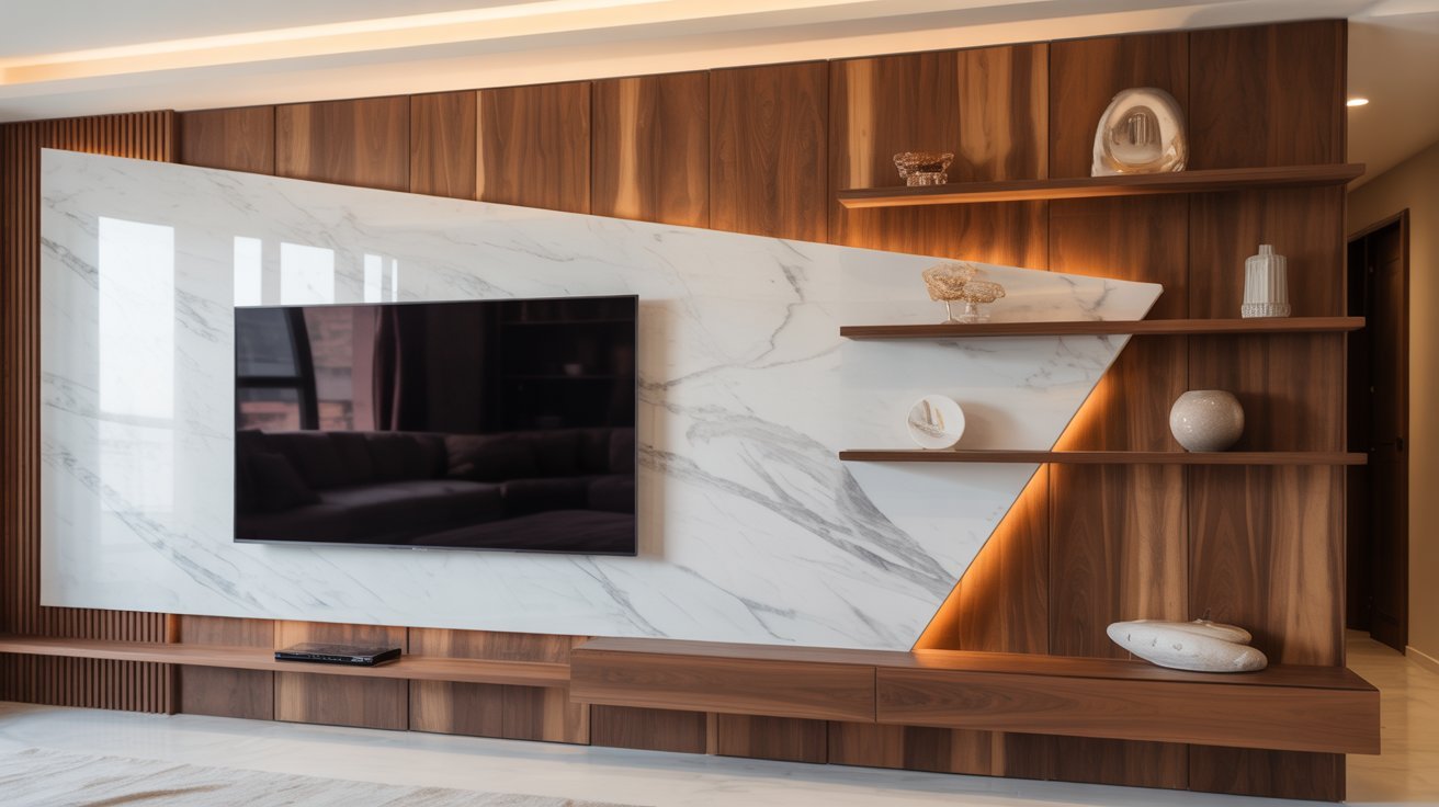  A modern living room featuring a sleek marble wall and a flat-screen TV, creating a stylish and contemporary atmosphere.