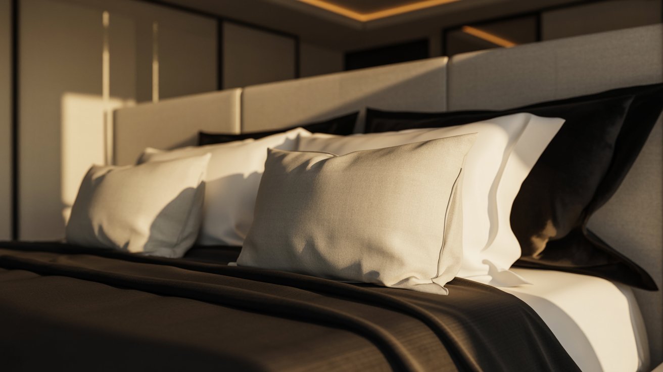 A neatly made bed featuring black and white pillows arranged decoratively on top.