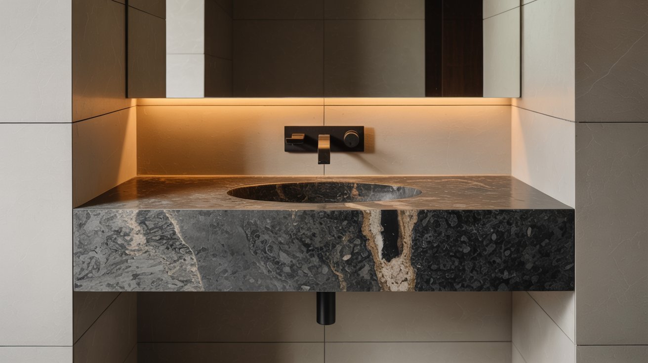  A bathroom sink featuring a polished marble top illuminated by a soft overhead light.
