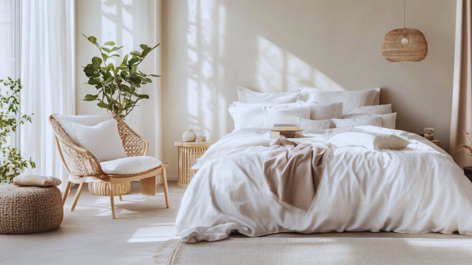 A cozy bedroom featuring a white bed and a wicker chair, creating a serene and inviting atmosphere.