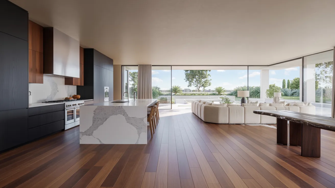  A modern kitchen featuring wooden floors and large windows that allow natural light to fill the space.
