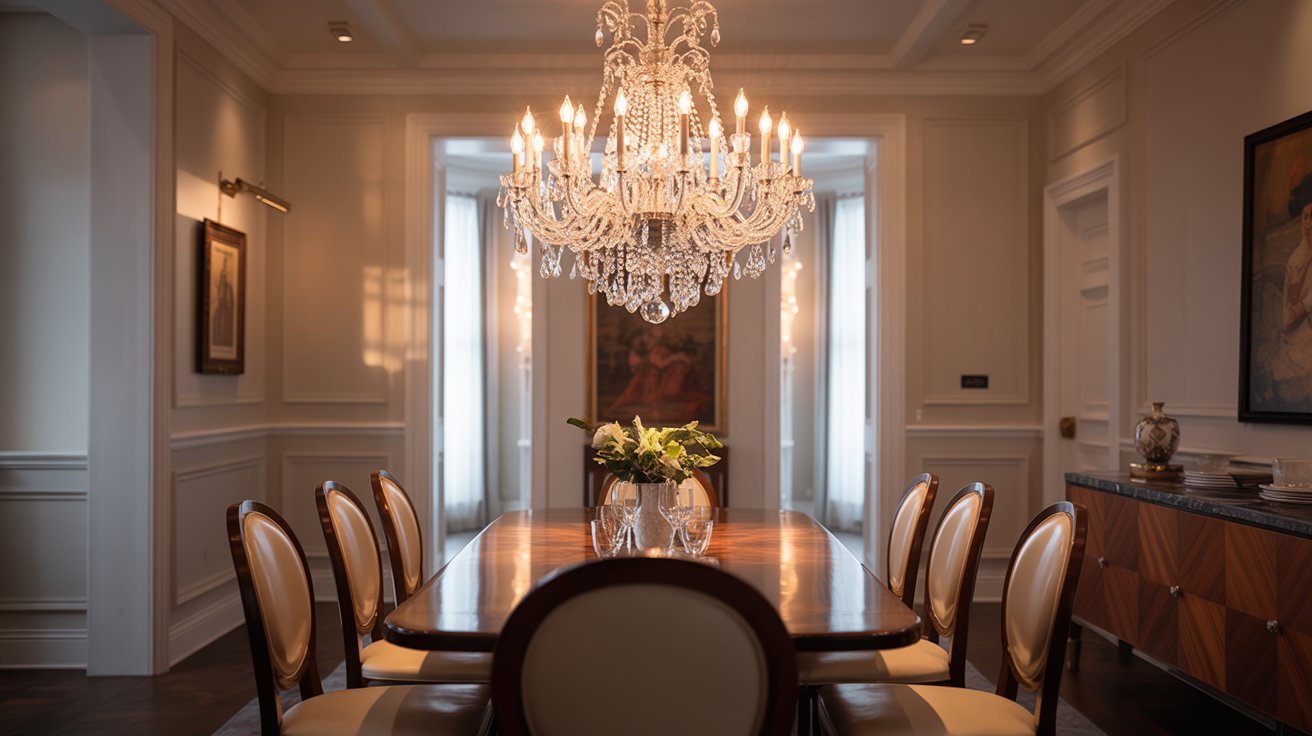 A dining room featuring an elegant chandelier and several chairs arranged around a table.