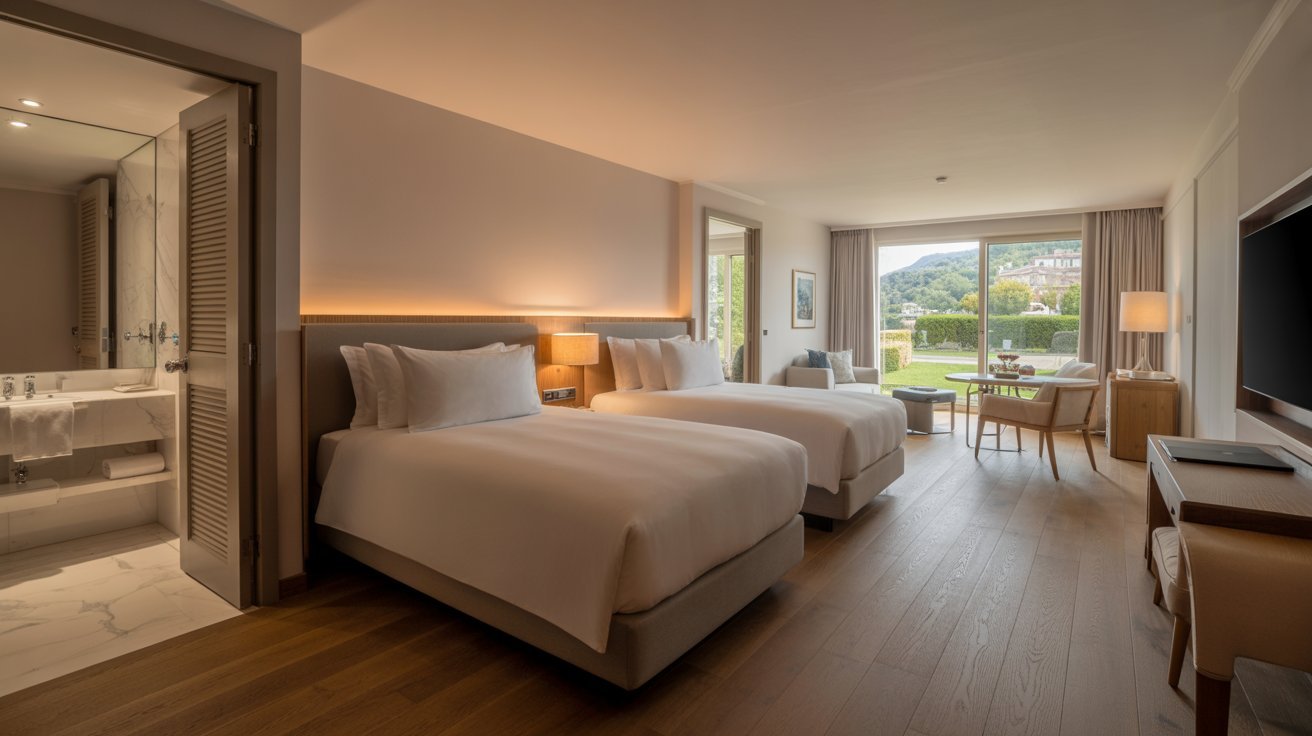 A hotel room featuring two beds and a television, designed for comfort and relaxation.