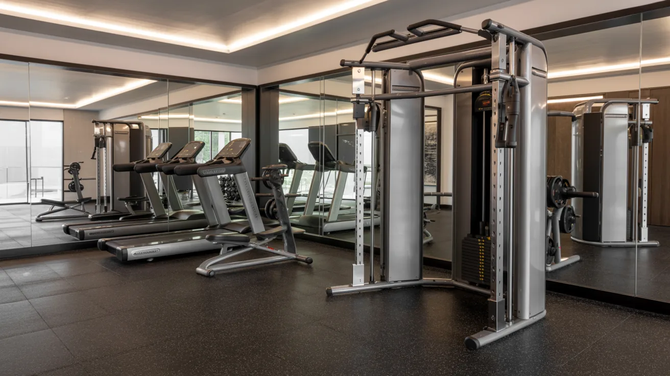 A gym room featuring a large mirror and various exercise equipment arranged for workouts.