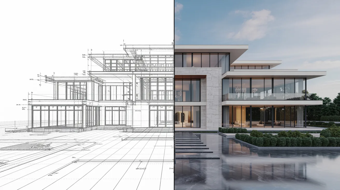Architectural drawing of a modern house featuring a detailed blueprint and an exterior rendering.