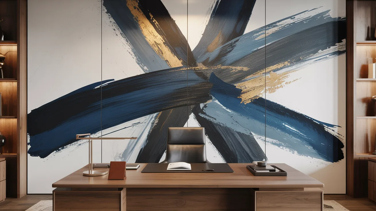 Modern office featuring blue and gold walls, creating a stylish and contemporary workspace atmosphere.