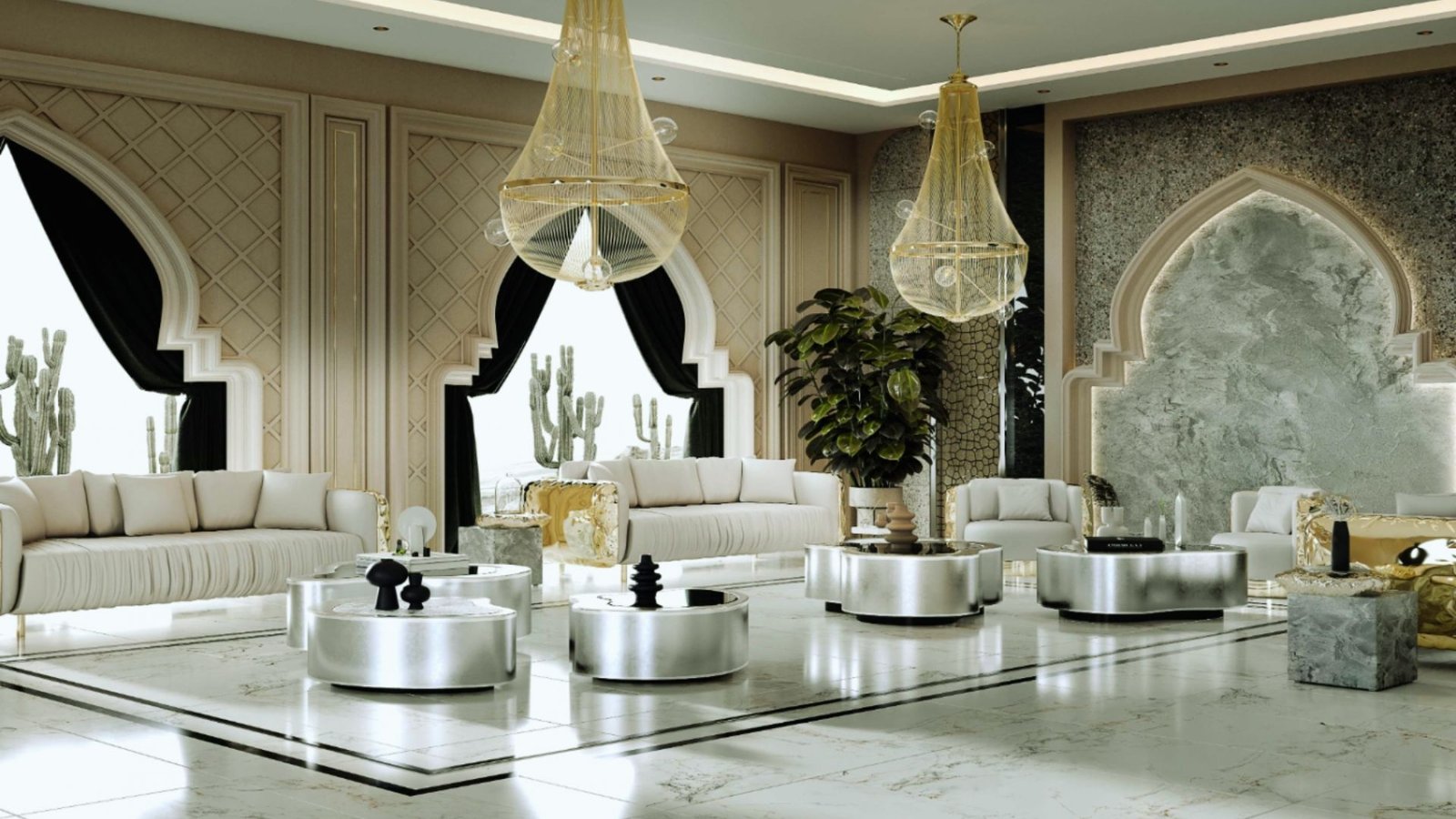 A stylish living room featuring a large chandelier and elegant gold accents throughout the decor.