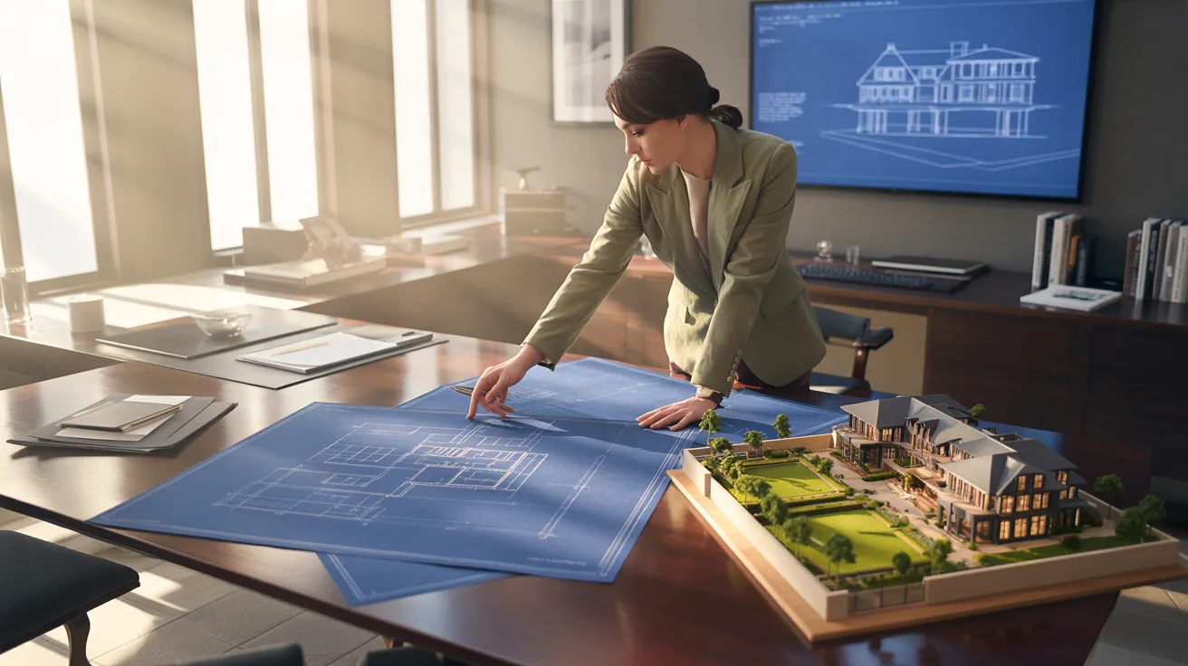 A woman in a business suit studies a blueprint while working at a desk, focused on her architectural plans.
