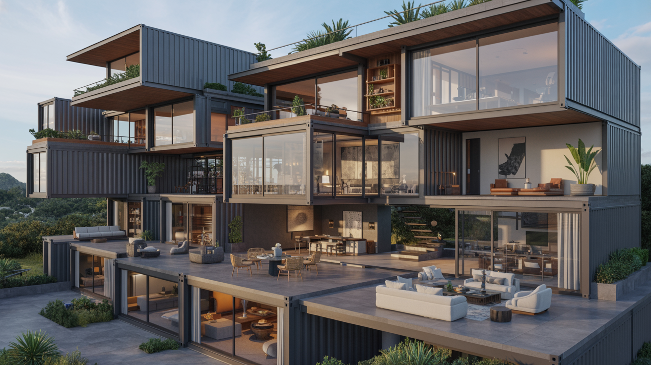  A modern home featuring a spacious balcony and a large patio, showcasing contemporary architectural design.
