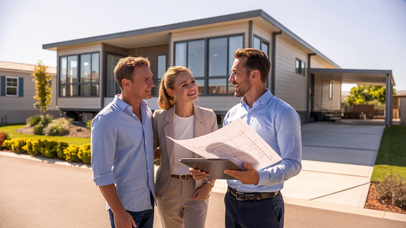 A group of three people is gathered in front of a house, reviewing a detailed blueprint.