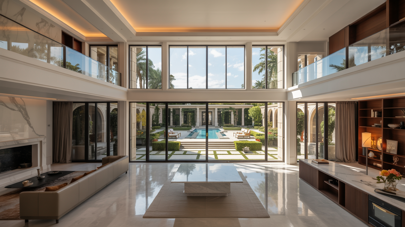  A spacious living room featuring a pool and expansive glass walls, allowing natural light to fill the space.