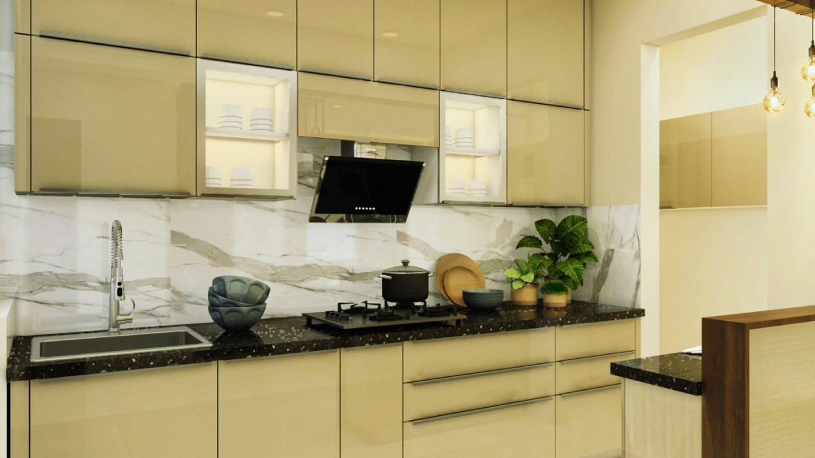 A modern kitchen featuring a sleek white countertop and a stainless steel sink.