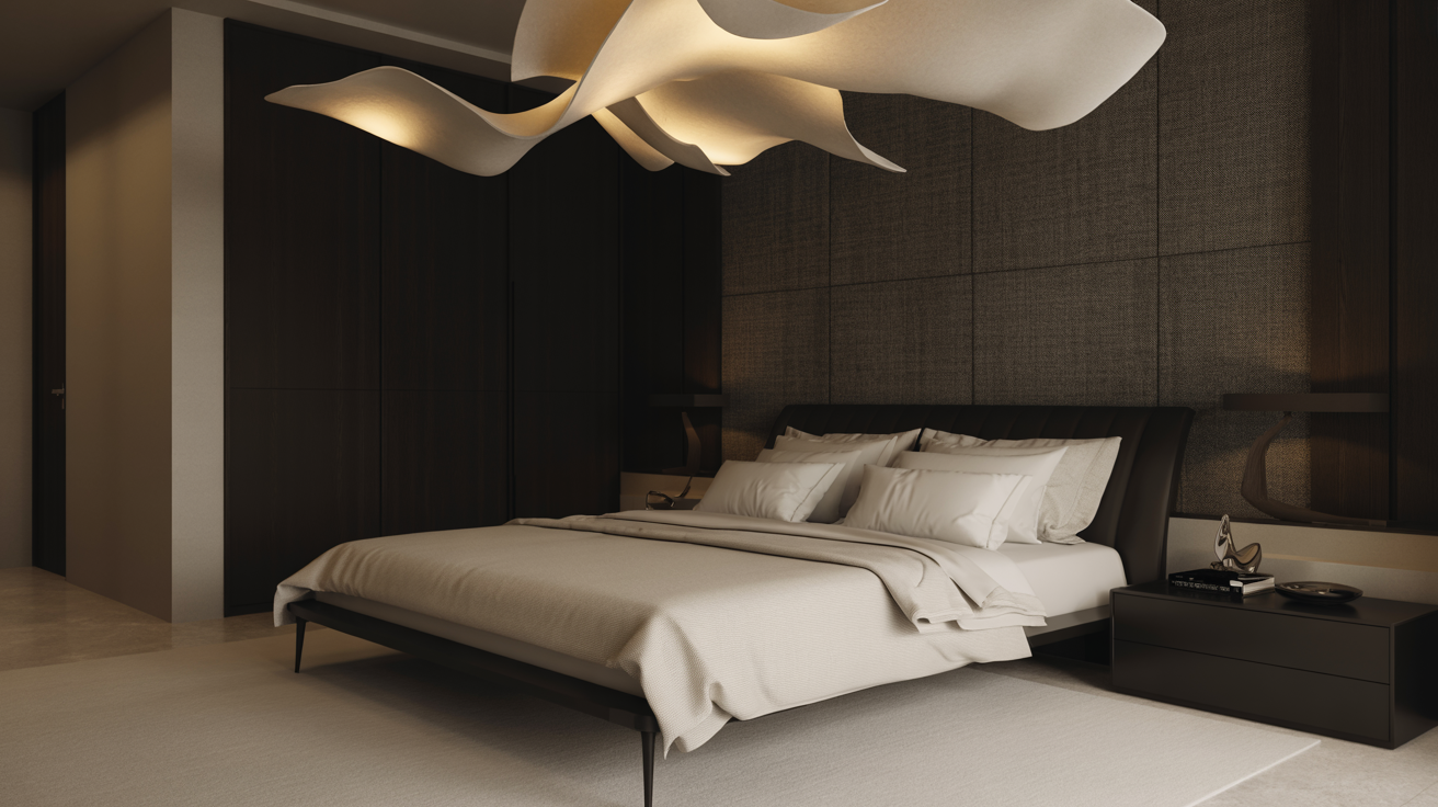 A modern bedroom featuring a large bed and an oversized lamp, creating a cozy and stylish atmosphere.