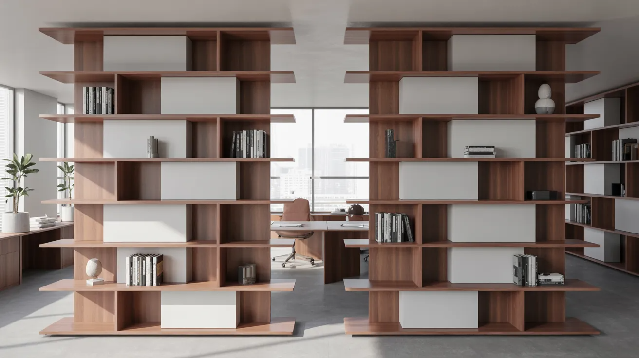 A stylish modern office showcasing bookshelves and a desk, emphasizing a clean and organized work environment