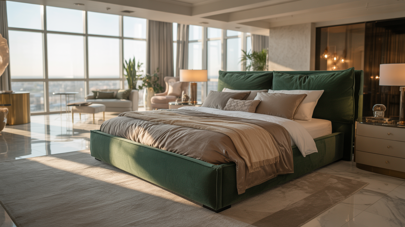 A bedroom featuring a green bed and a panoramic view of the city skyline through large windows.