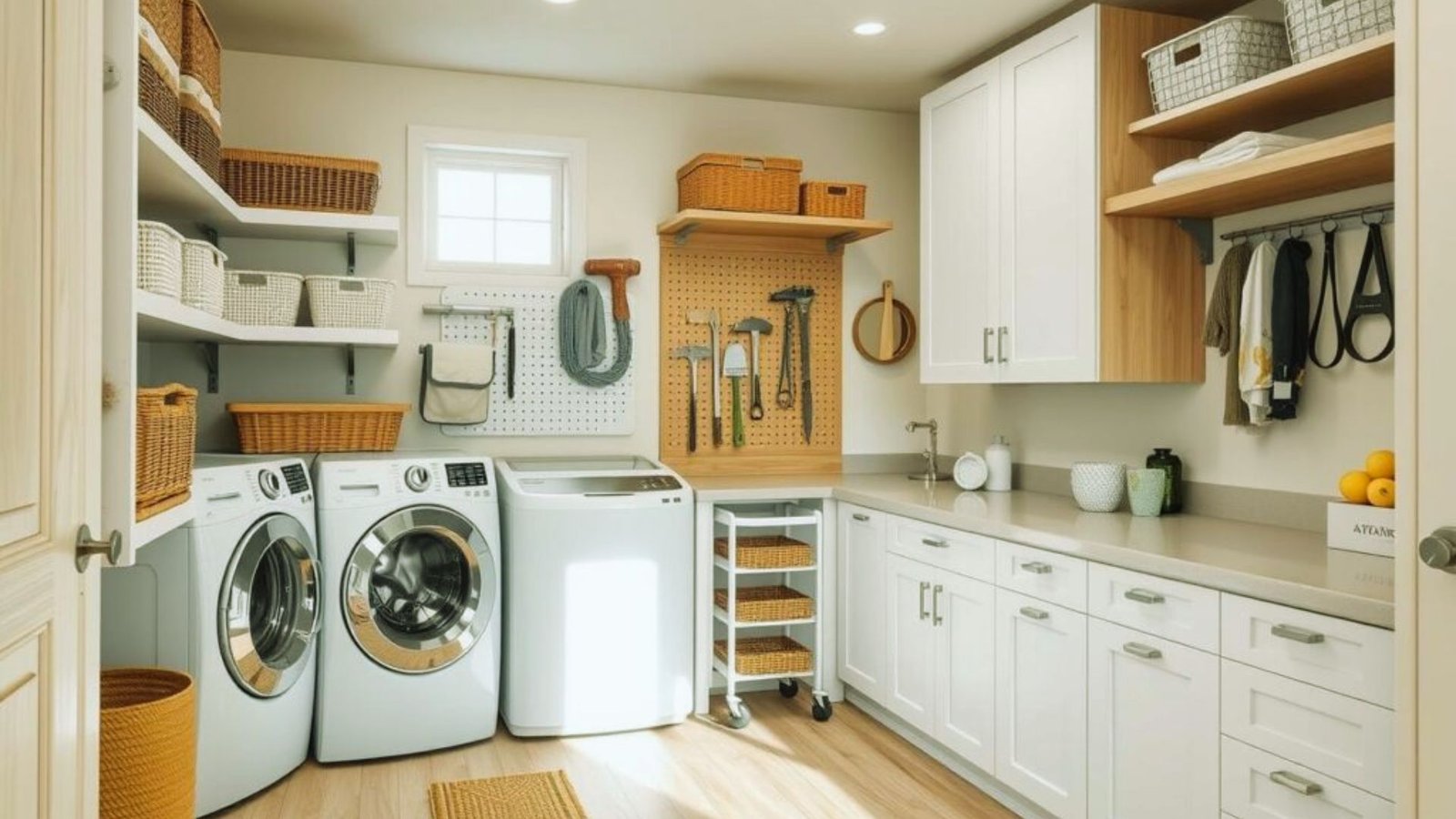  A laundry room featuring a washer and dryer, with shelves and laundry supplies visible in the background.