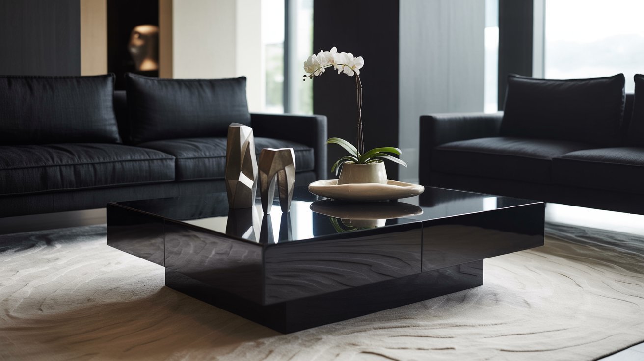 A black coffee table featuring a decorative vase placed on its surface.