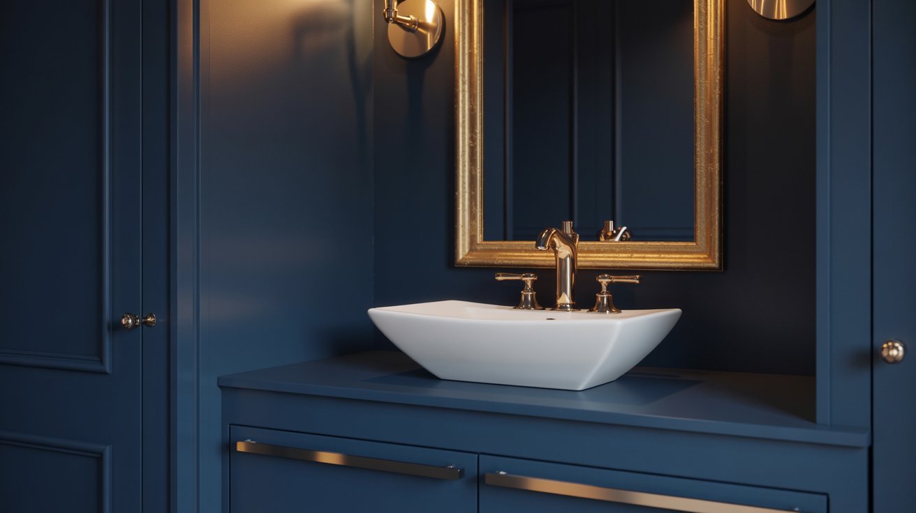 A bathroom showcasing blue walls complemented by sophisticated gold trim.