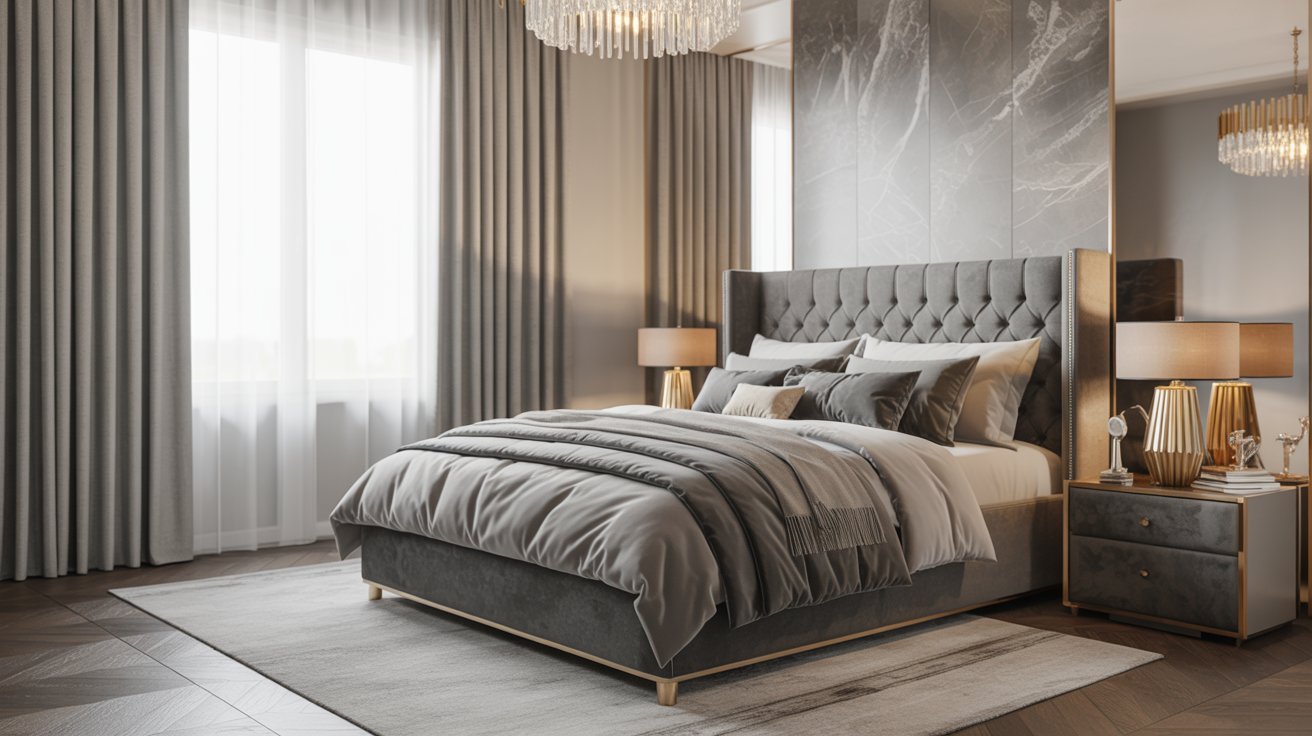 A modern bedroom featuring a large bed and an elegant chandelier hanging from the ceiling.