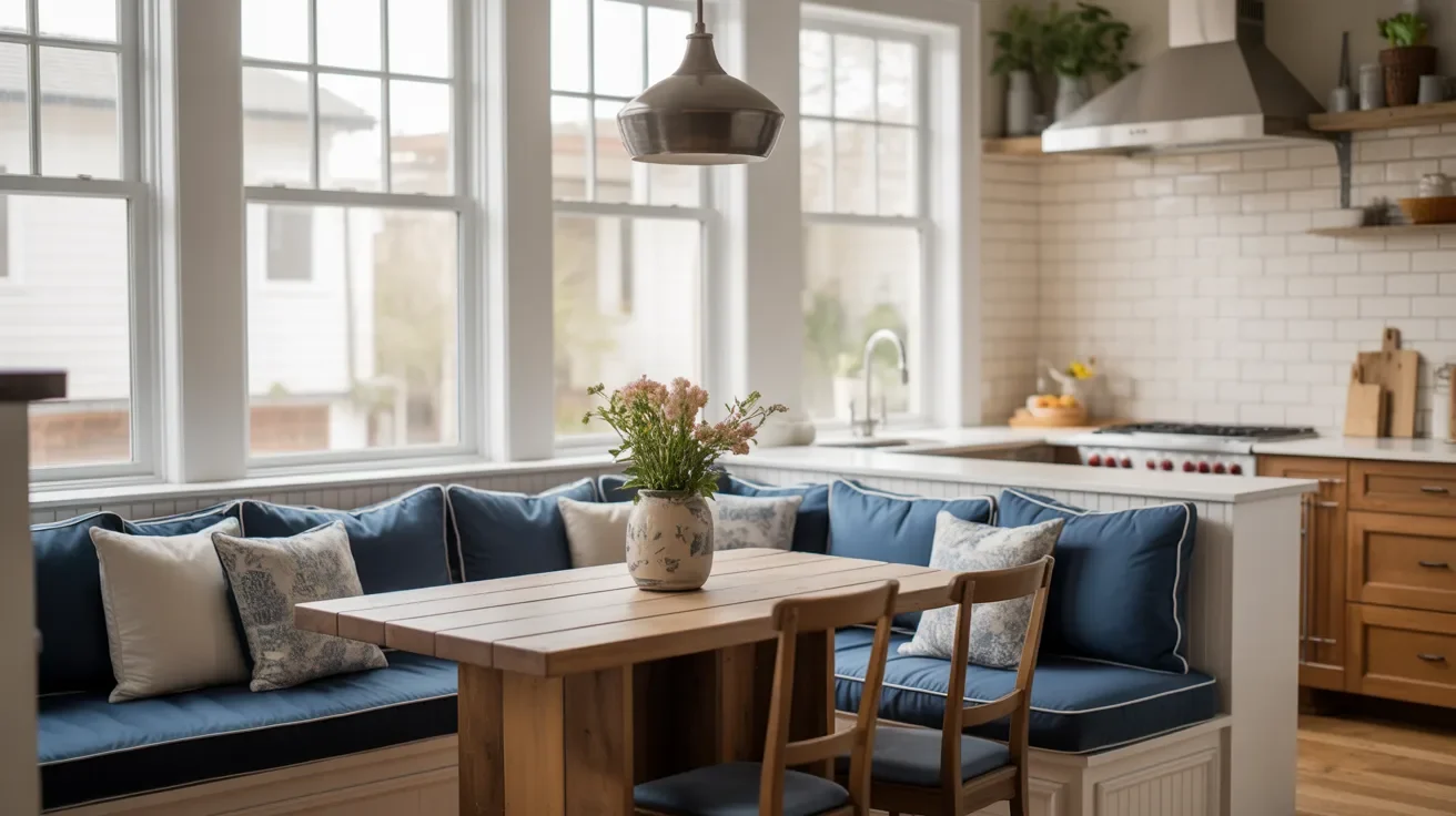 A kitchen featuring a table surrounded by blue cushions, creating a cozy and inviting atmosphere.