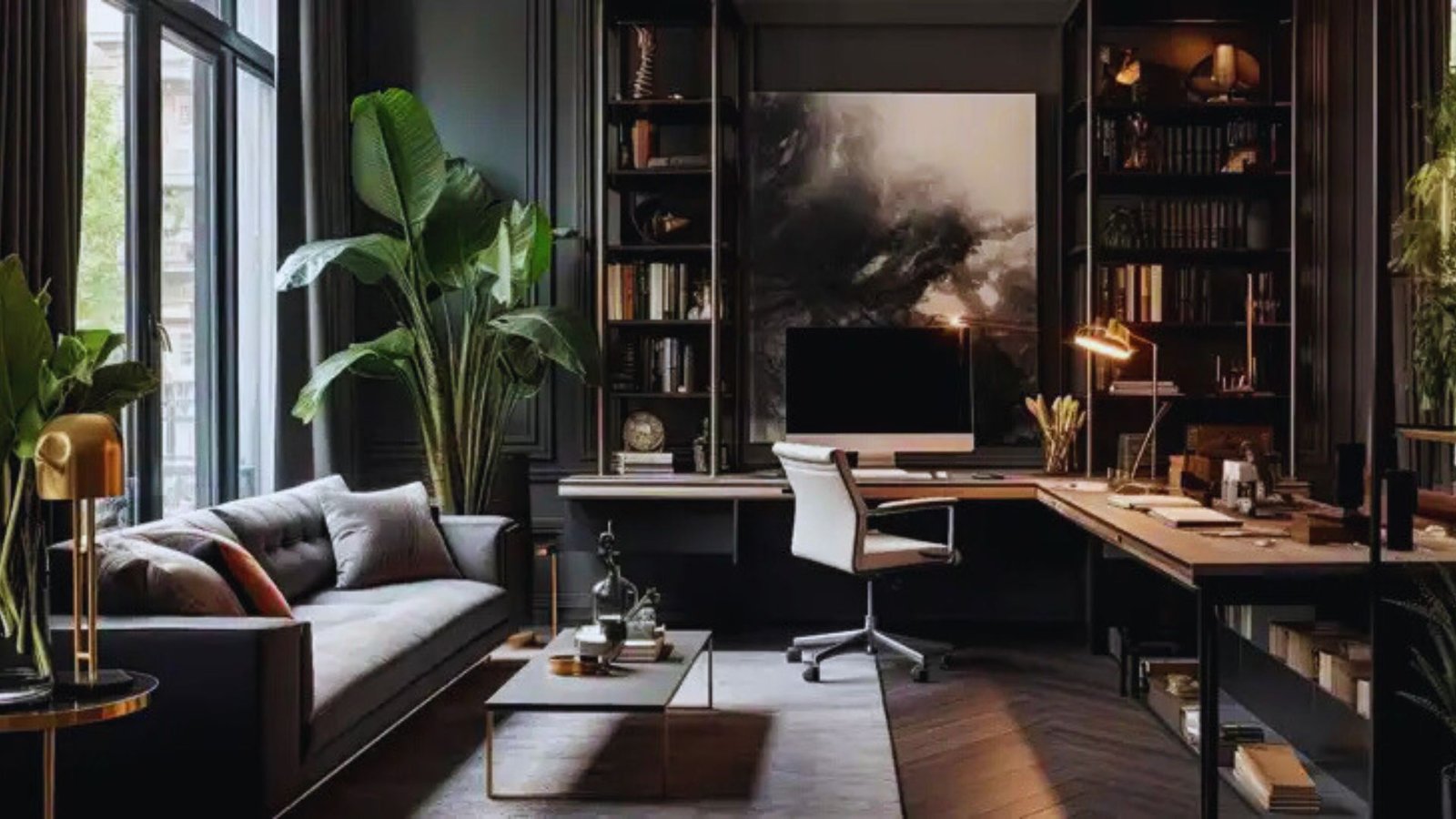 A modern home office featuring black walls and a spacious desk, creating a sleek and stylish workspace.