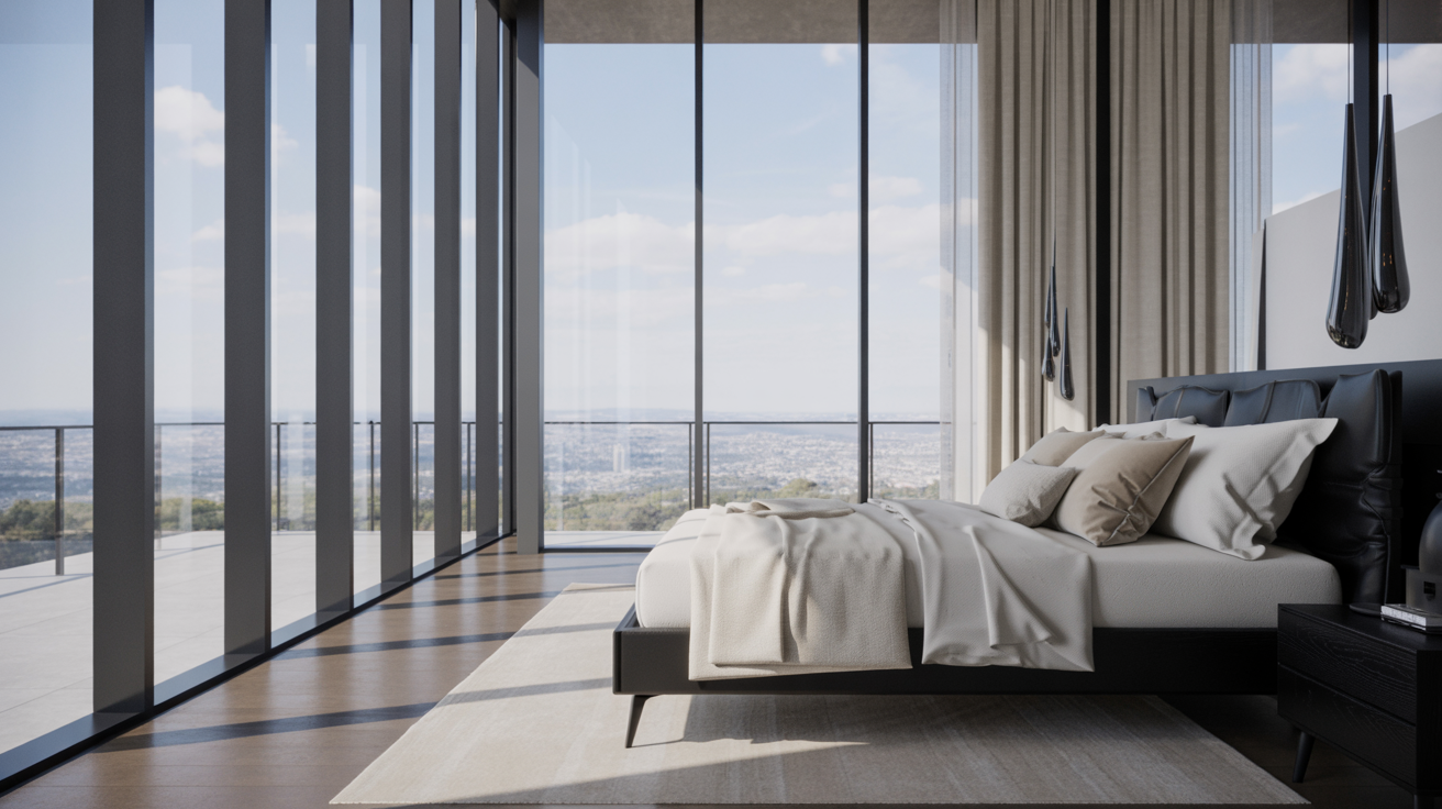 A modern bedroom with a large window offering a scenic view of the vibrant city landscape.