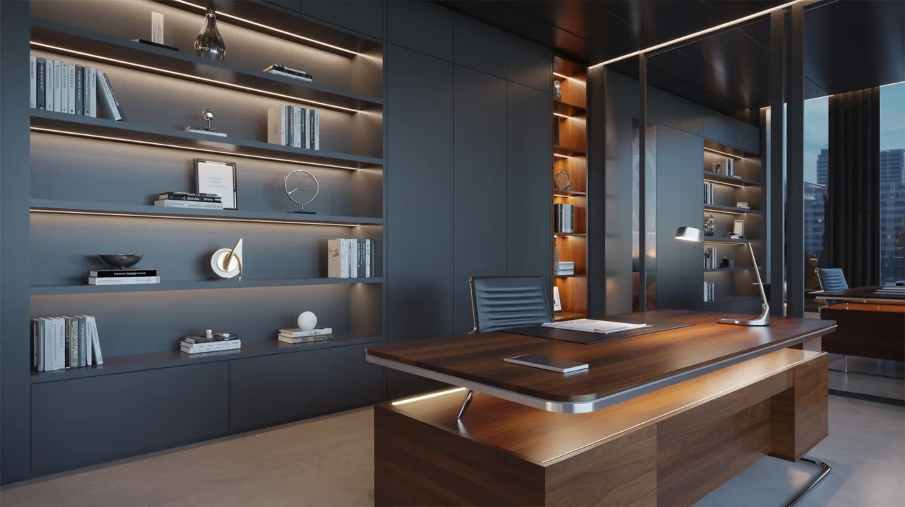 Modern office featuring a wooden desk and shelves, creating a stylish and functional workspace.